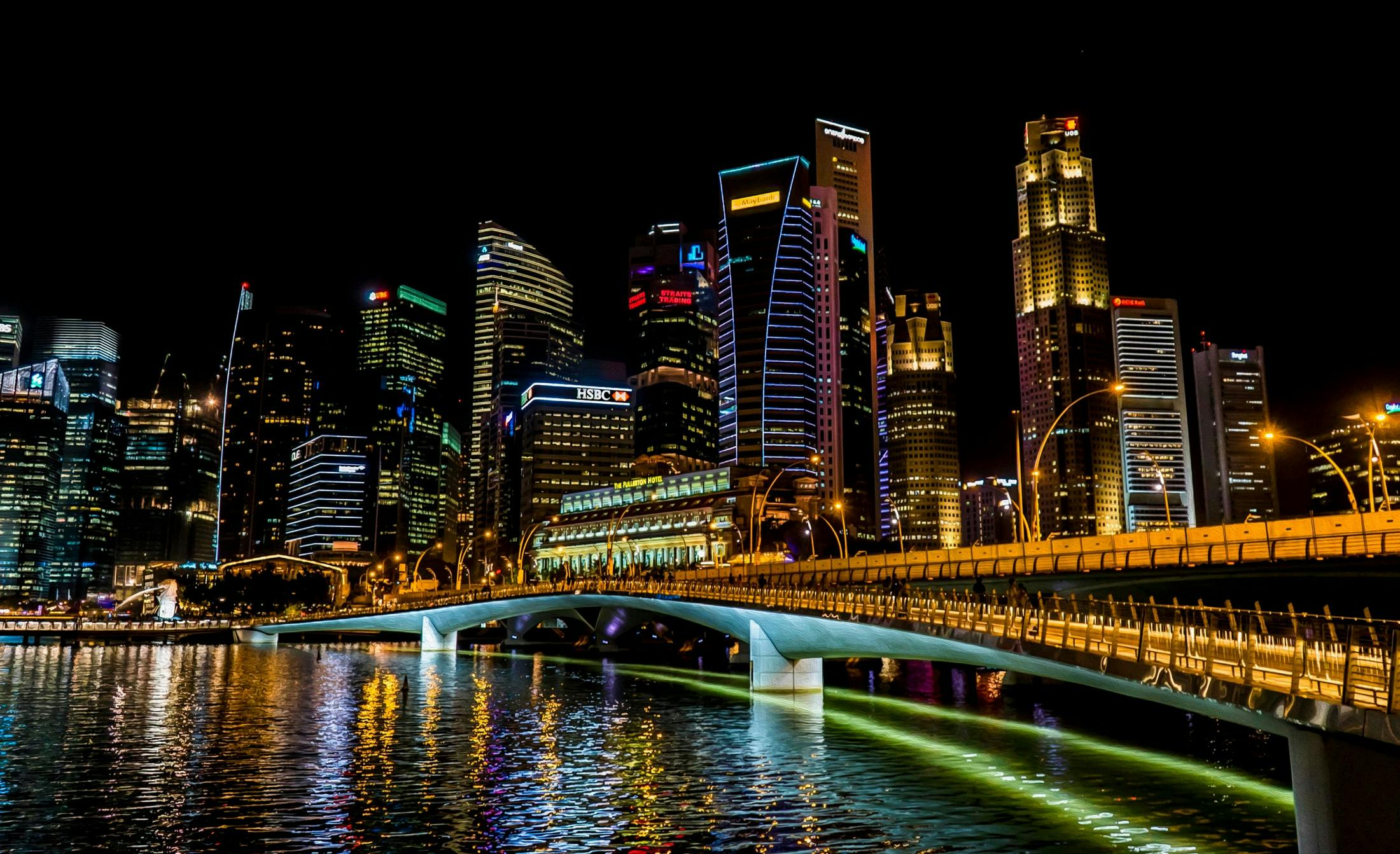 A sprawling city skyline lit up at night